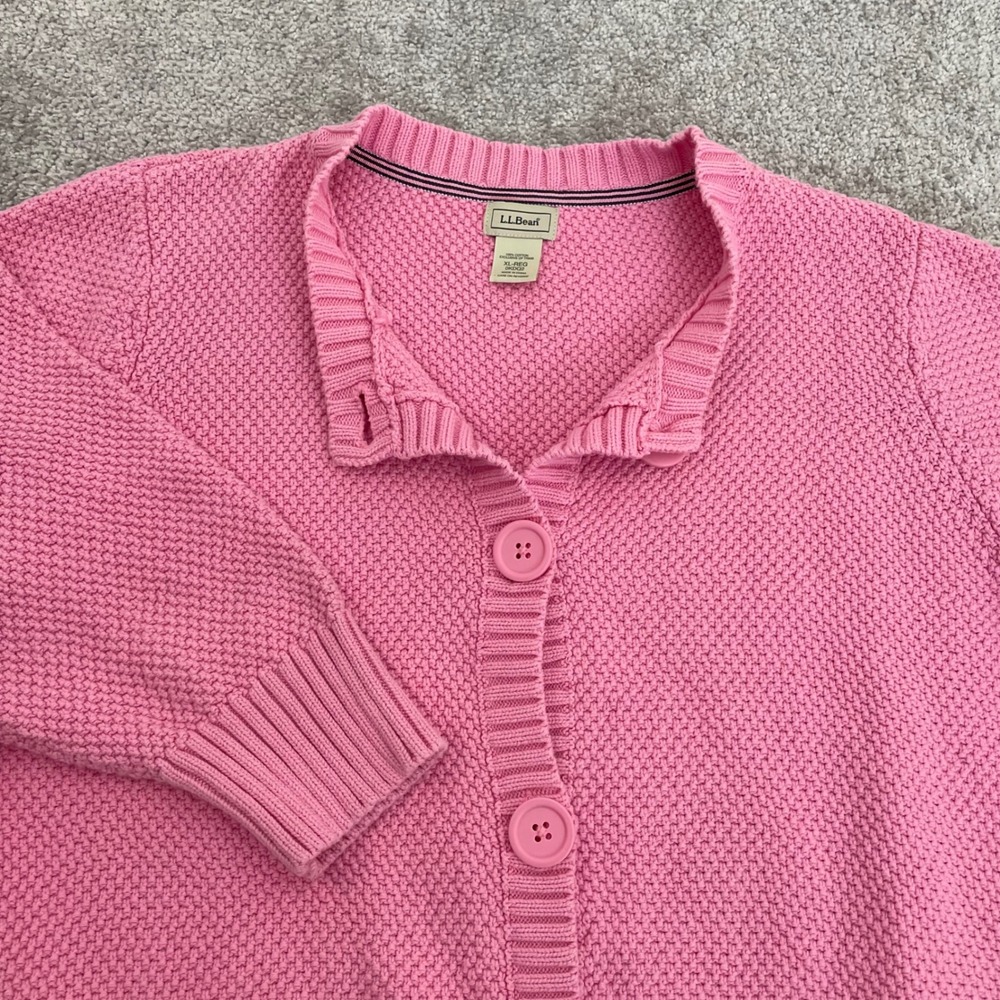 LL Bean Cardigan Sweater Womens Extra Large Knit Chunky 3/4 Sleeves Pink Barbie